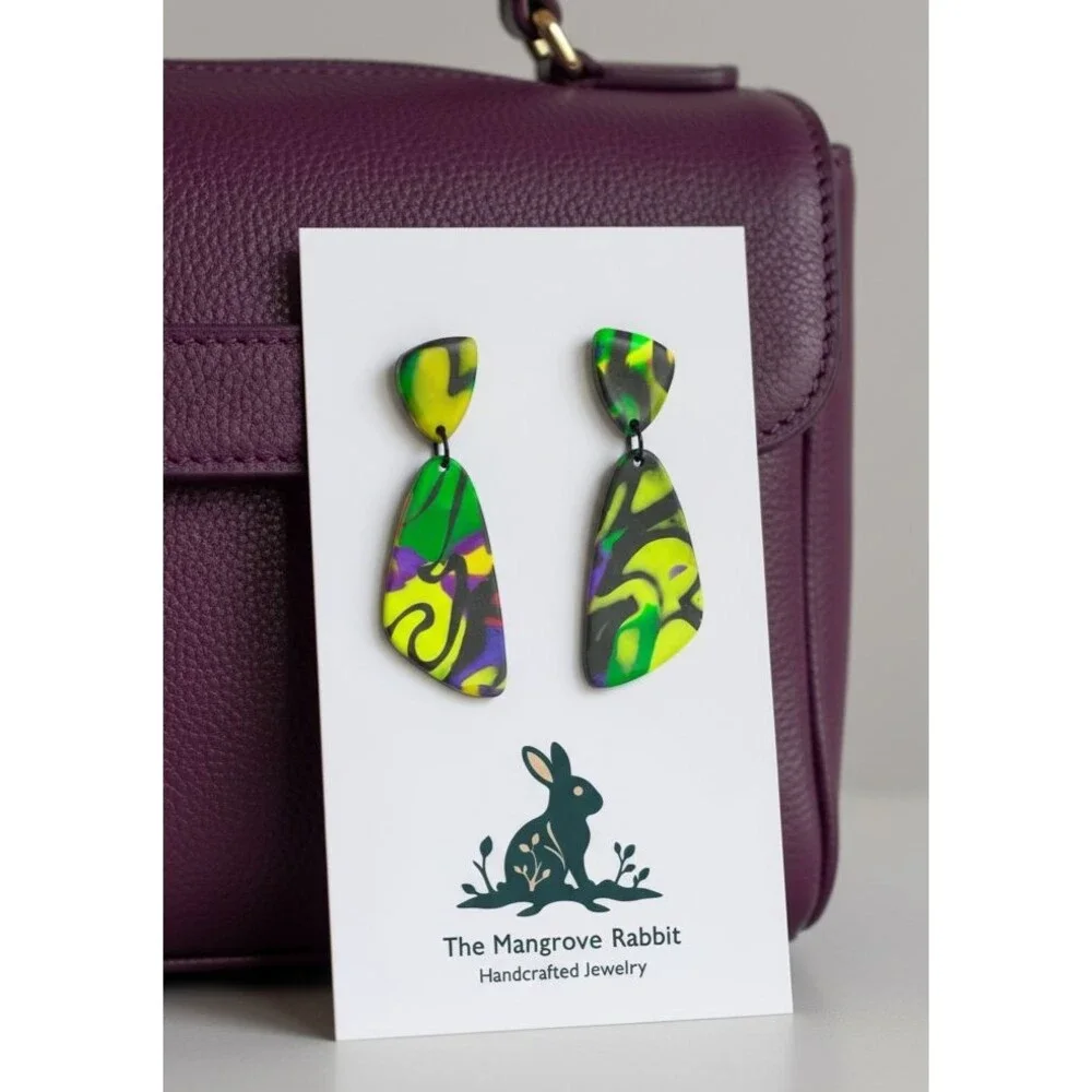 Polymer Clay Dangle Earrings Bright Green Yellow Graphic Print Handmade SS Posts